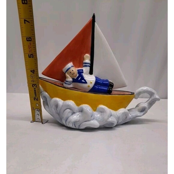 Vintage Jay Willfred Andrea by Sadek Tug Boat Ceramic Tea Pot 10" Long Rare - Picture 4 of 10